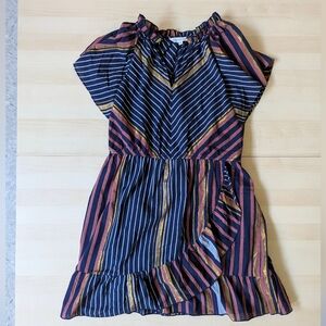 Anthropologie Ranna Gill Sibyl Shimmer Faux Wrap Mini Dress‎ Blue Gold Pink